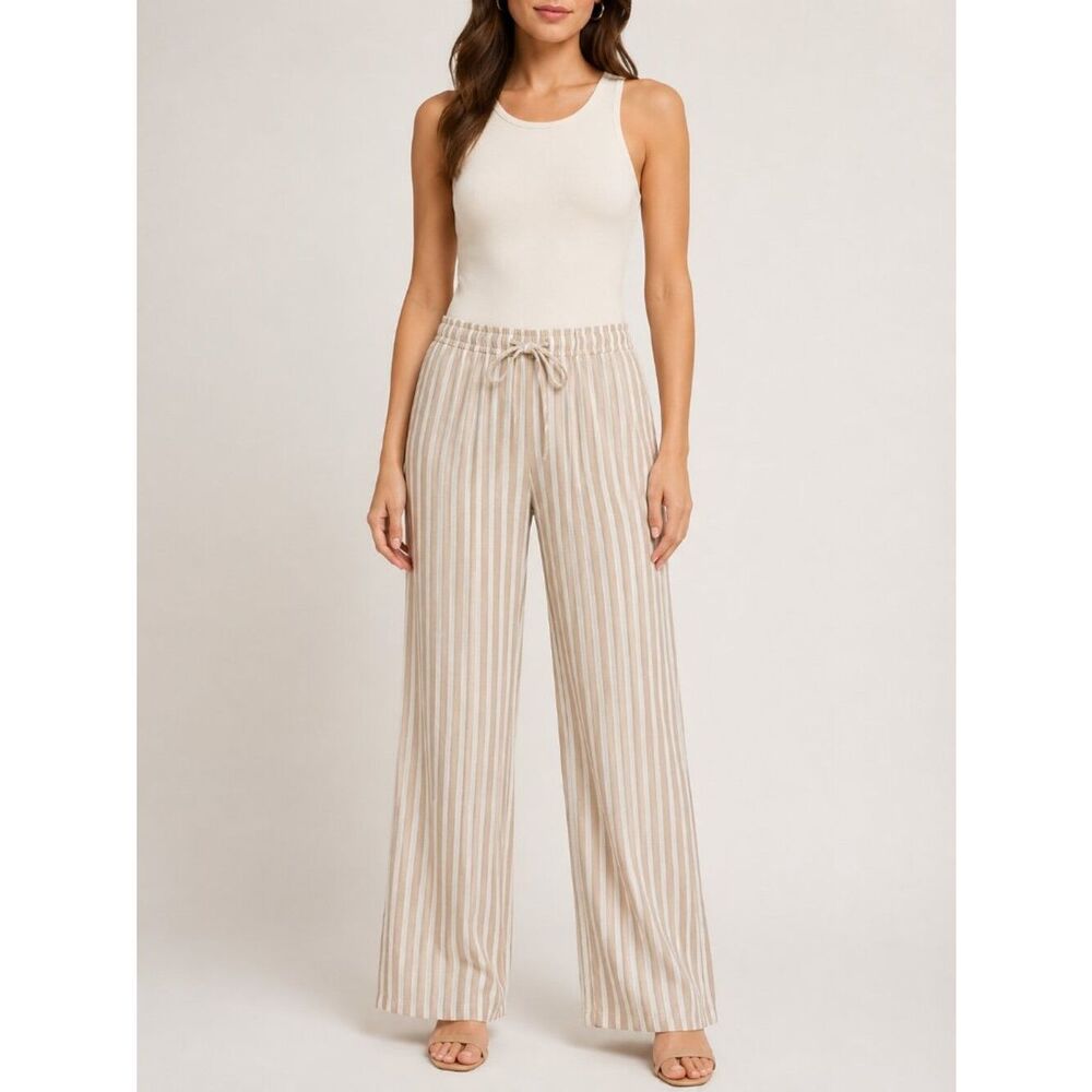 Striped Wide Leg Drawstring Pants in Beige